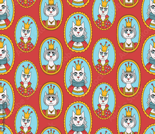 Royal cats portraits seamless vector pattern