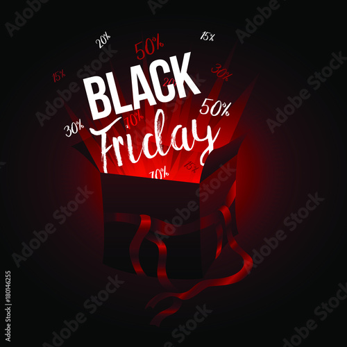 Text Black Friday in the gift box with red ribbon