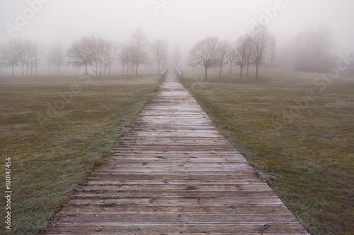 Wooden frozen footbridge in a winter foggy day