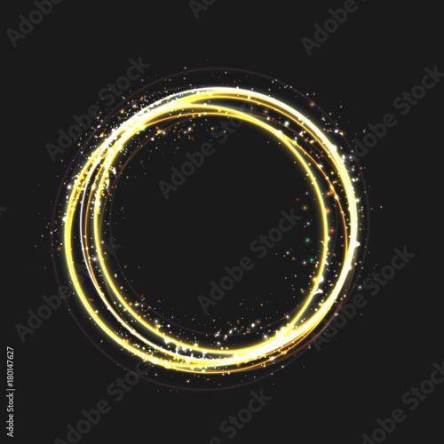 Gold circle light effect with round glowing elements, particles and stars on dark background. Shiny glamour sparkle design elements for the Christmas, night party, birthday party with sequins, glitter