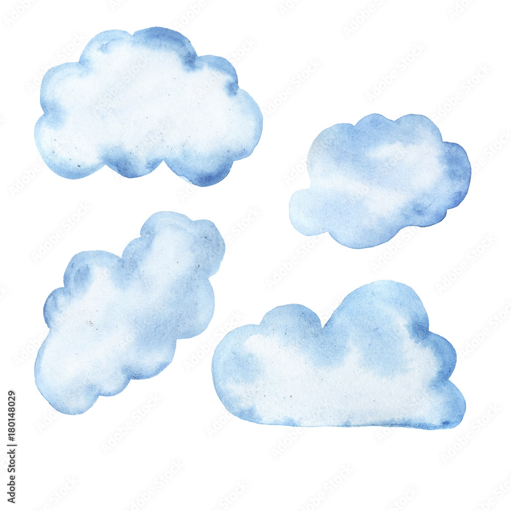 Set of pastel blue cartoon clouds isolated on white background. Hand drawn watercolor illustration. Set of pastel blue cartoon clouds isolated on white background. Hand drawn watercolor illustration.
