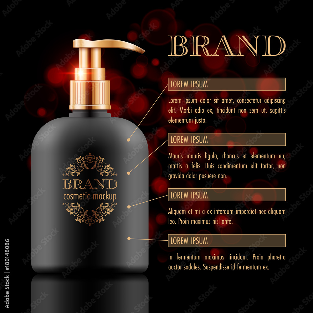 Set of cosmetic products on black background. Packaging template. Vector illustration