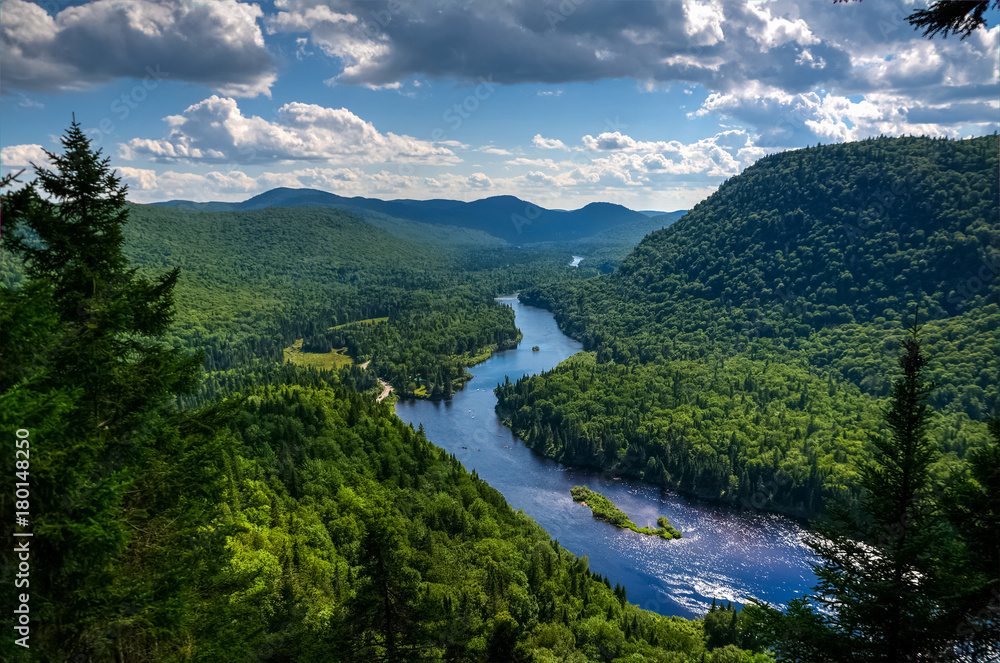 Jacques Cartier river seen from above on a warm summer day, Quebec, Canada