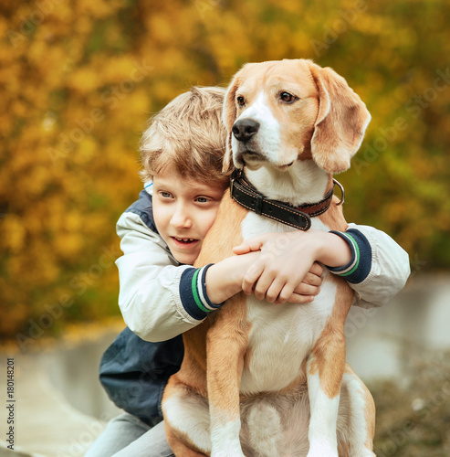 Two best freinds portrait - little boy hugs beagle dog © Soloviova Liudmyla