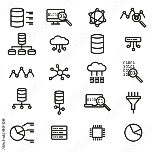 Simple set of big data, database, cloud computing, server, network vector line icons. Elements for computer, web, apps and mobile concept.