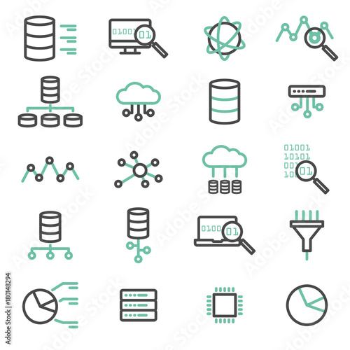 Simple set of big data, database, cloud computing, server, network vector line icons. Elements for computer, web, apps and mobile concept.