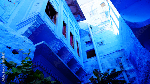Blue city, Jodhpur, Rajasthan, India. Blue houses, background. Bright blue streets and walls. Popular tourist city in India for holidays. Indian style.