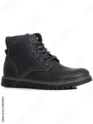 Black leather men's winter boots isolated on white