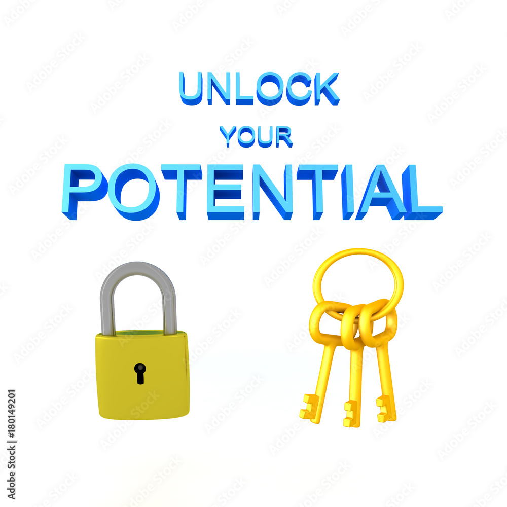 3D illustration of a padlock with keys and the text Unlock potential