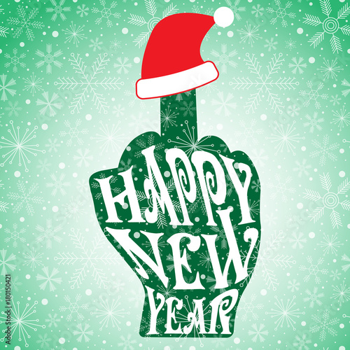 Happy New Year with middle finger up hand gesture with red Santa hat