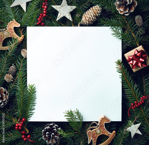 Frame of Christmas tree branches and decorations