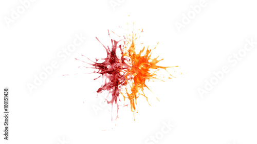 explosion of two drops of orange and reddish liquid