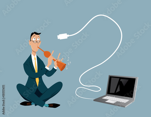Snake charmer attempting to hypnotize a laptop computer, EPS 8 vector illustration