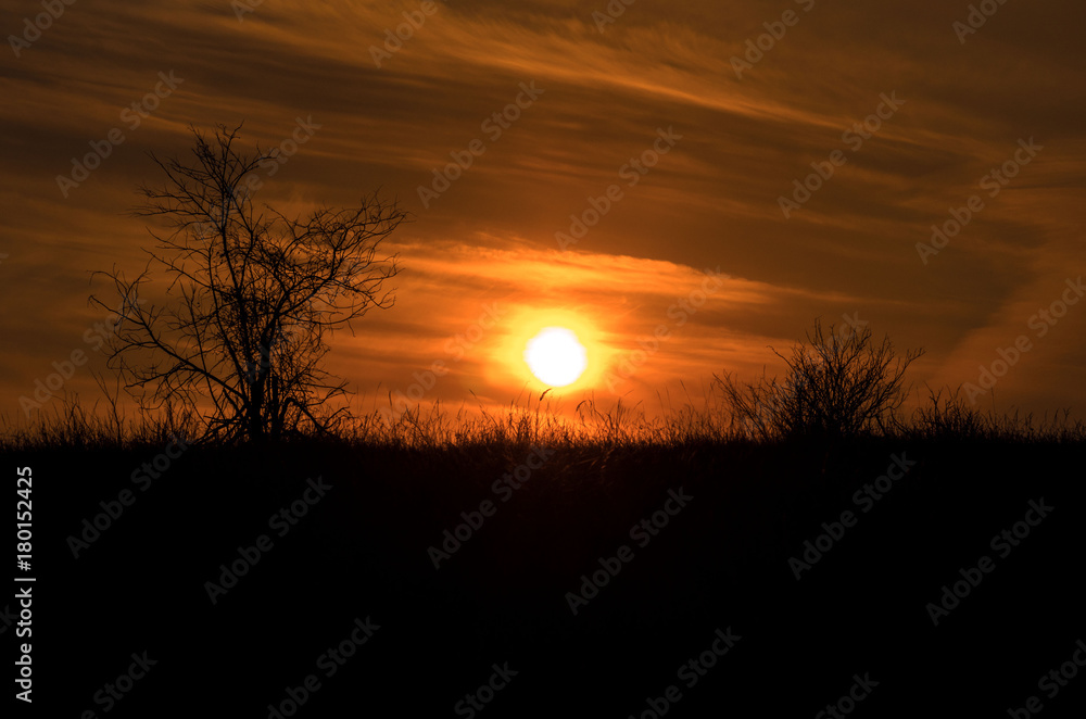 Dramatic sunset rays through a cloudy dark sky above the mountain. There are silhouettes of trees. Dramatic sunset rays through a cloudy dark sky above the mountain. There are silhouettes of trees.