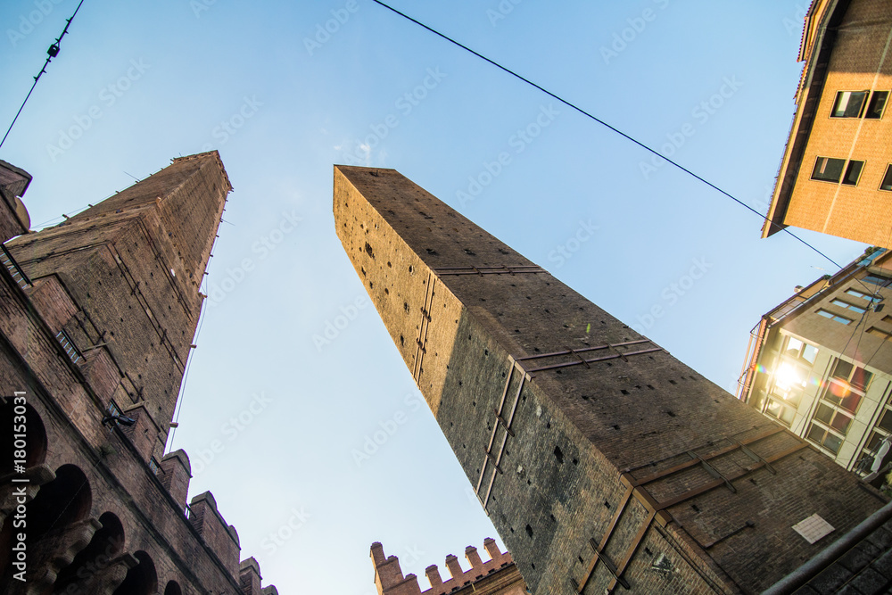 Bologna, Italy - October, 2017. Two famous falling towers Asinelli and Garisenda in the morning, Bologna, Emilia-Romagna, Italy