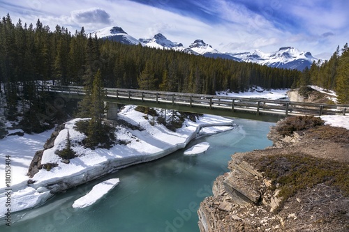 Saskatchewan River Bridge near Icefields Parkway on Great Spring Hiking Trail to Glacier Lake in Banff National Park, Rocky Mountains, Alberta, Canada