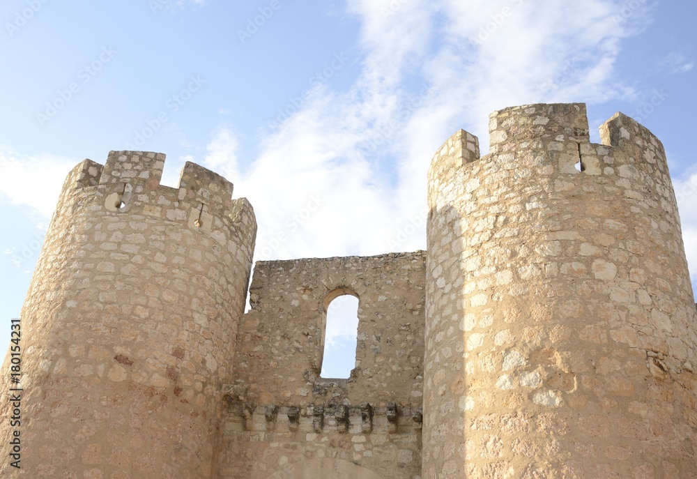 Towers of medieval gate  in Belmonte, Castile, Spain