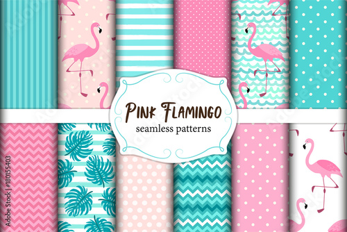 Cute set of Pink Flamingo tropical vibes seamless patterns. Vector illustration.