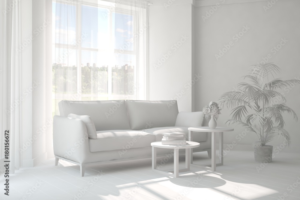 White room with sofa. Scandinavian interior design. 3D illustration White room with sofa. Scandinavian interior design. 3D illustration