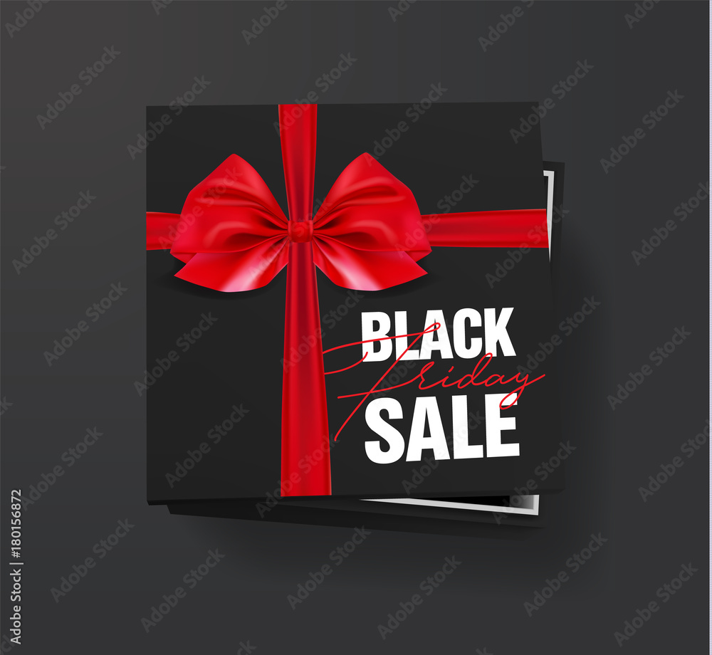 Black friday sale Black cardboard box tied with a red ribbon with a bow is lying on a black background with the inscription Black friday Top view Template for the poster, banner and web.