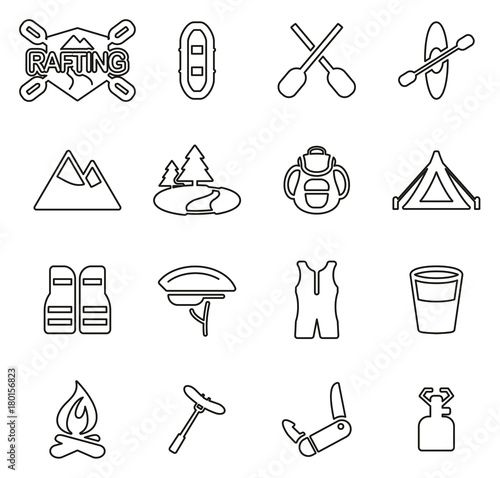 Rafting or Outdoor Activity Icons Thin Line Vector Illustration Set