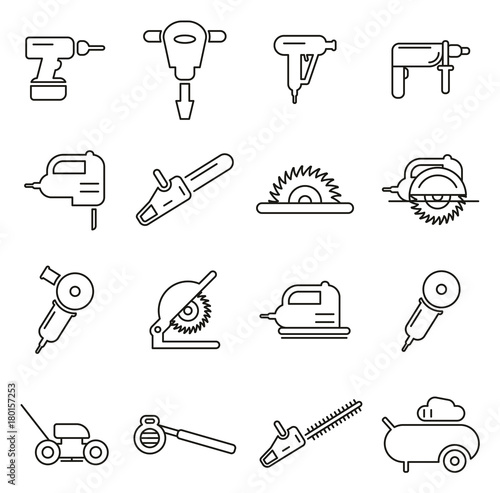 Power Tools or Electric Tools Icons Thin Line Vector Illustration Set