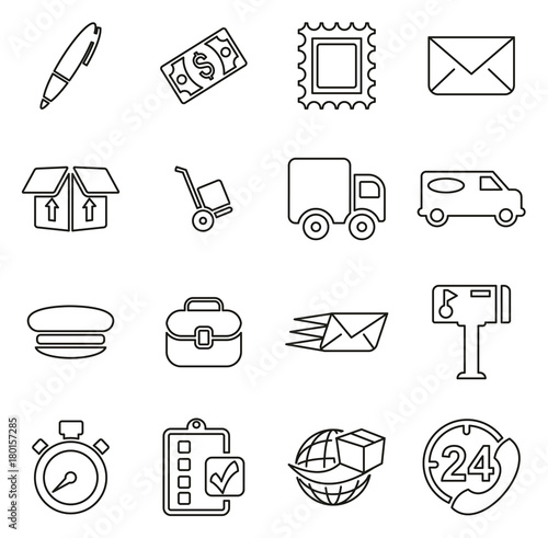 Post Office or Mail Man or Delivery Service Icons Thin Line Vector Illustration Set photo