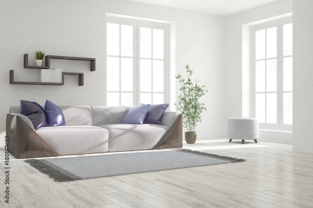 Idea of white minimalist room with sofa. Scandinavian interior design. 3D illustration Idea of white minimalist room with sofa. Scandinavian interior design. 3D illustration