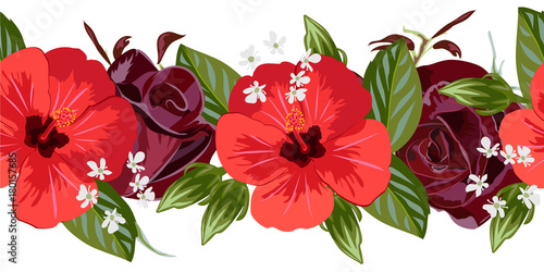 Seamless floral border with beautiful roses and hibiscus. Hand-drawn pattern on white background. Design element for cards  invitations  wedding  congratulations. Panoramic format.