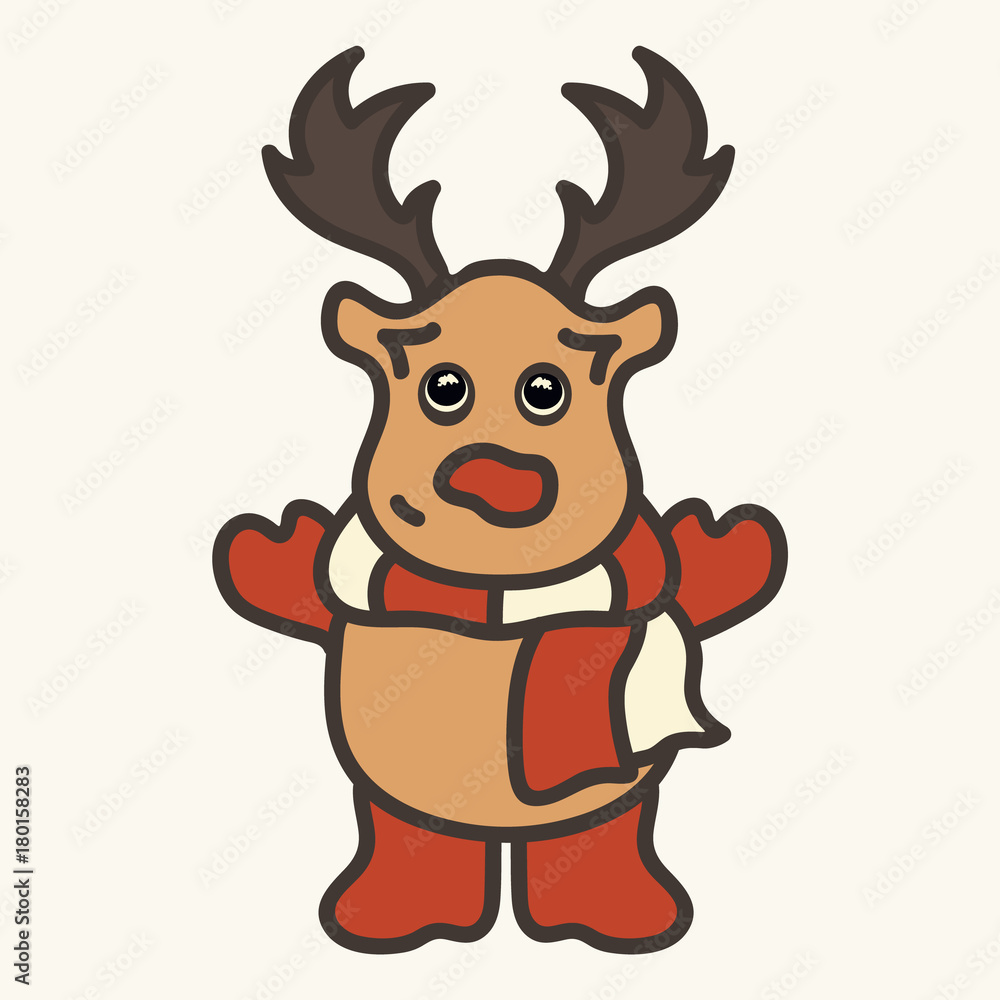 Vector image of a New Year's deer in Santa Claus's clothes. Merry Christmas and Happy New Year design in traditional style, greeting card. Rudolf in Santa's cap. Cute funny character for children. Vector image of a New Year's deer in Santa Claus's clothes. Merry Christmas and Happy New Year design in traditional style, greeting card. Rudolf in Santa's cap. Cute funny character for children.