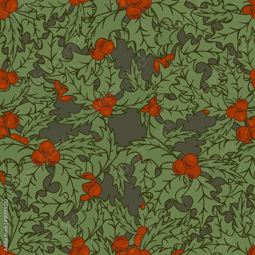 Merry Christmas/ Happy New Year design in traditional style. Holly or Mistletoe minimal design. Christmas seamless pattern in vintage style. Vector repeat multilayered pattern in flat style for print.