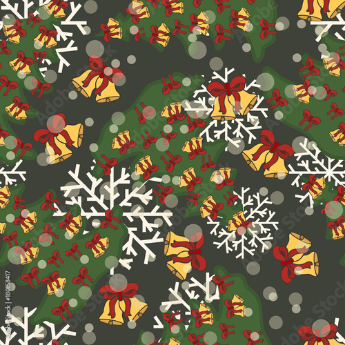 Christmas vector pattern from Christmas tree and jingle bells. Merry Christmas and Happy New Year design in traditional style. Christmas decorative pattern for print, texture, wrapper. Minimal flat.