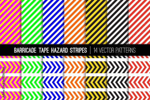 Barricade Tapes and Hazard Stripes Vector Patterns. Standard Brightly Colored Striped Backgrounds for Traffic, Safety, Fire, Radiation, Defective Machinery and Other Hazards. Tile Swatches Included.