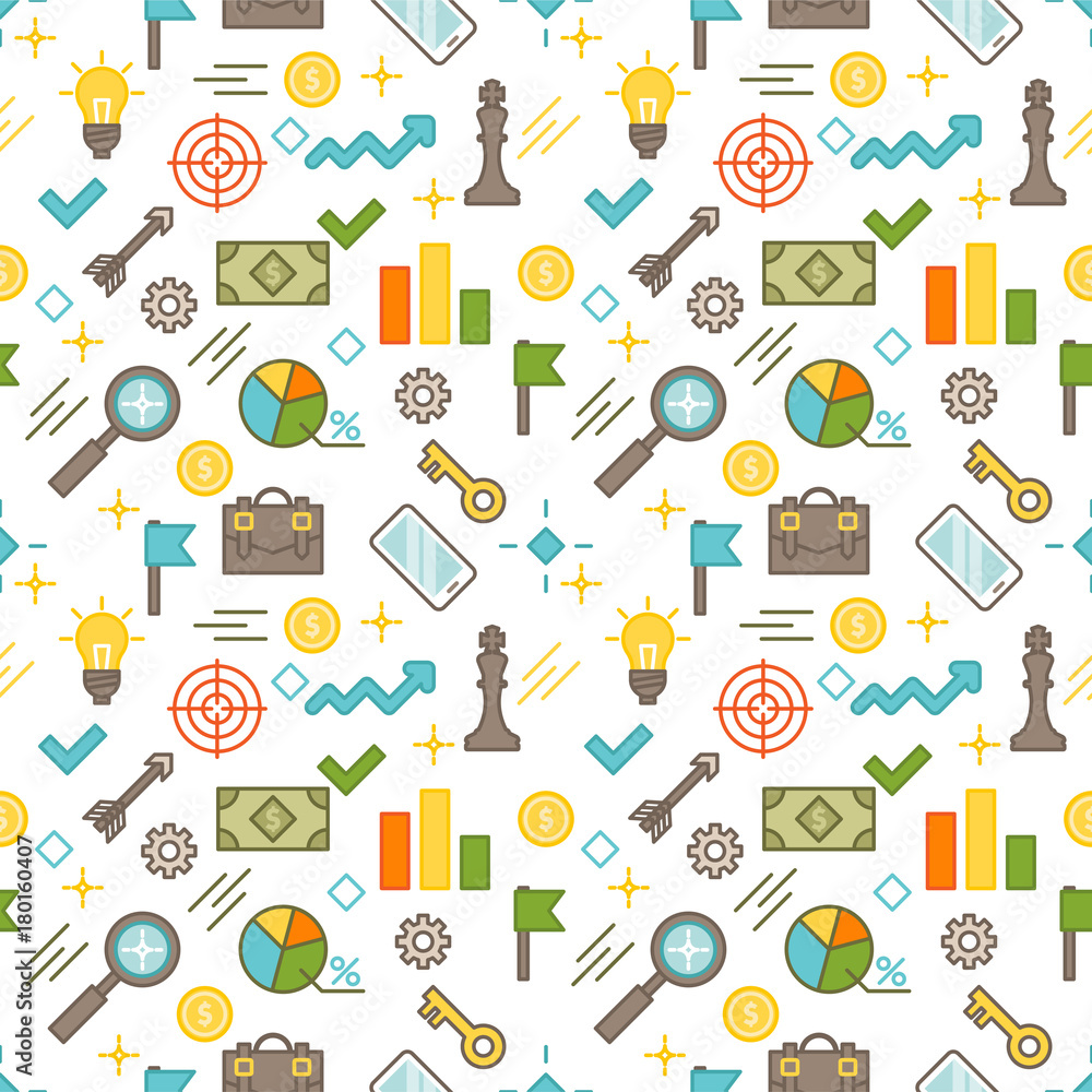 Seamless illustrated business themed line style vector pattern with suitcases, arrows, light bulbs, graphs, charts, gears, coins and other objects mixed with abstract shapes.
Seamless illustrated business themed line style vector pattern with suitcases, arrows, light bulbs, graphs, charts, gears, coins and other objects mixed with abstract shapes.