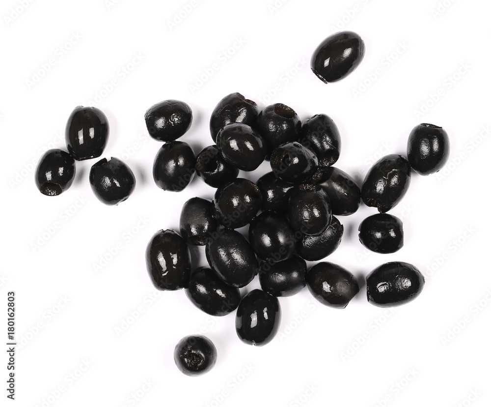 Black olives isolated on white background, top view Black olives isolated on white background, top view