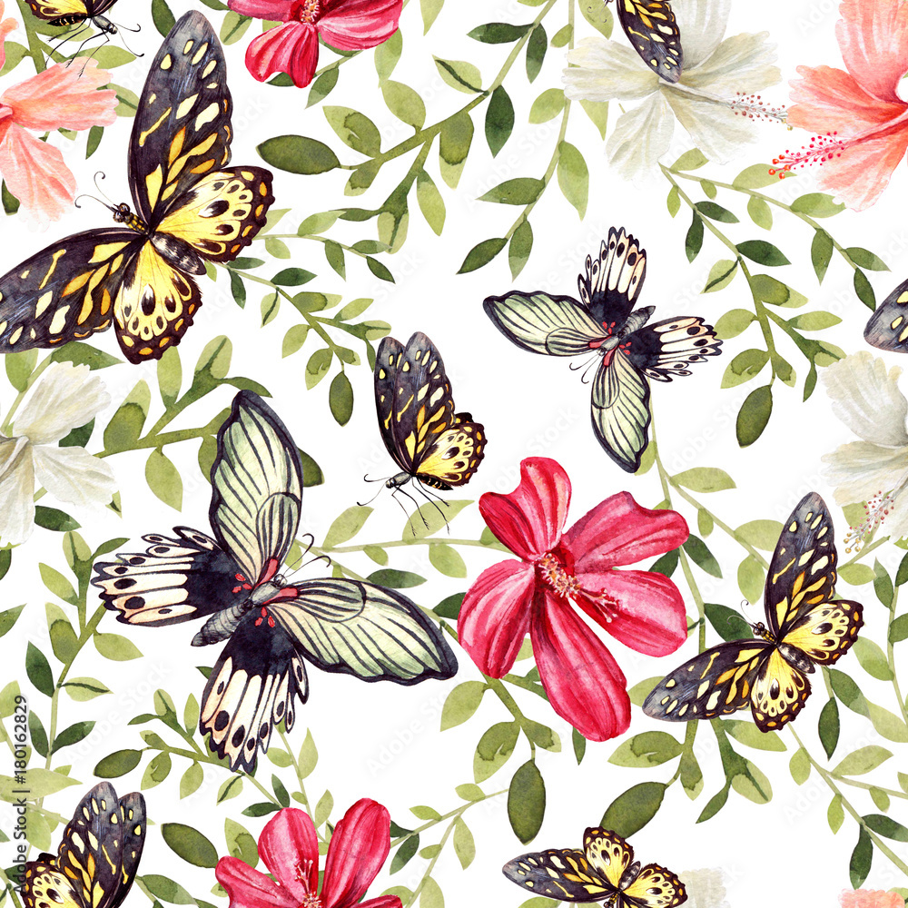 Fototapeta premium Beautiful bright watercolor pattern with flowers of hibiscus and butterflies. Illustration.