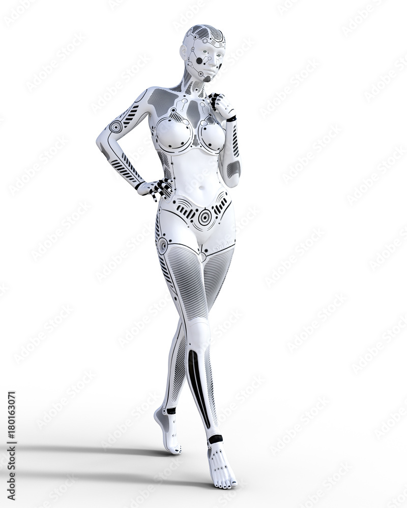 Robot woman. White metal droid. Artificial Intelligence. Conceptual fashion art. Realistic 3D render illustration. Studio, isolate, high key.