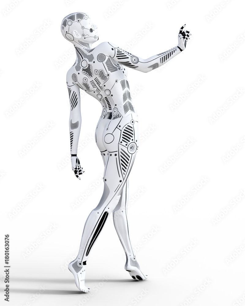 Robot woman. White metal droid. Artificial Intelligence. Conceptual fashion art. Realistic 3D render illustration. Studio, isolate, high key.