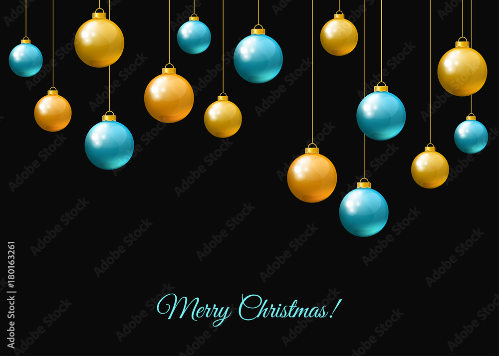 Blue and golden hanging Christmas balls on black background. Blue and golden hanging Christmas balls on black background.