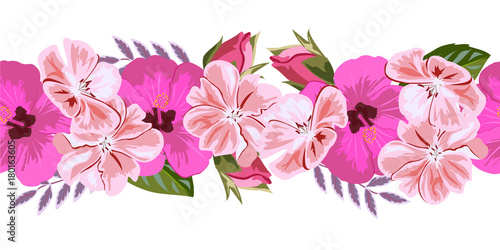 Seamless floral border with geranium and hibiscus. Hand-drawn pattern on white background. Design element for cards, invitations, wedding, congratulations. Panoramic format.