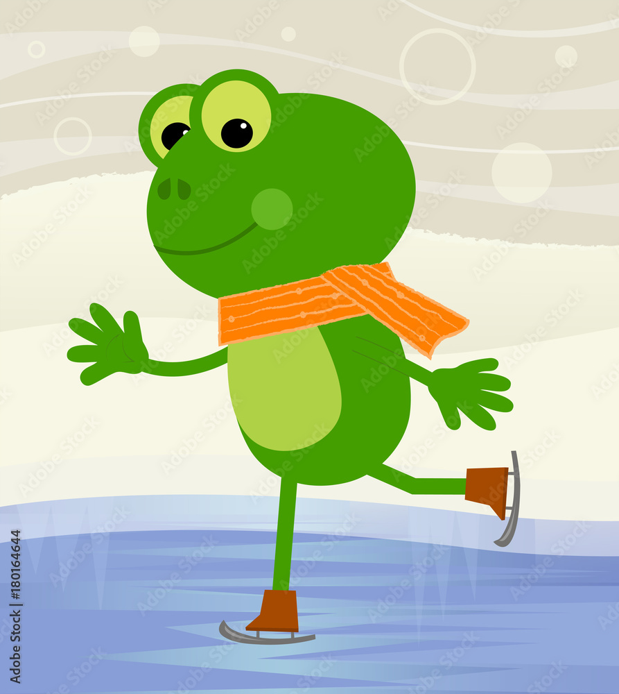 Fototapeta premium Frog Ice skating - Cute frog with skates is ice skating at the pond. Eps10