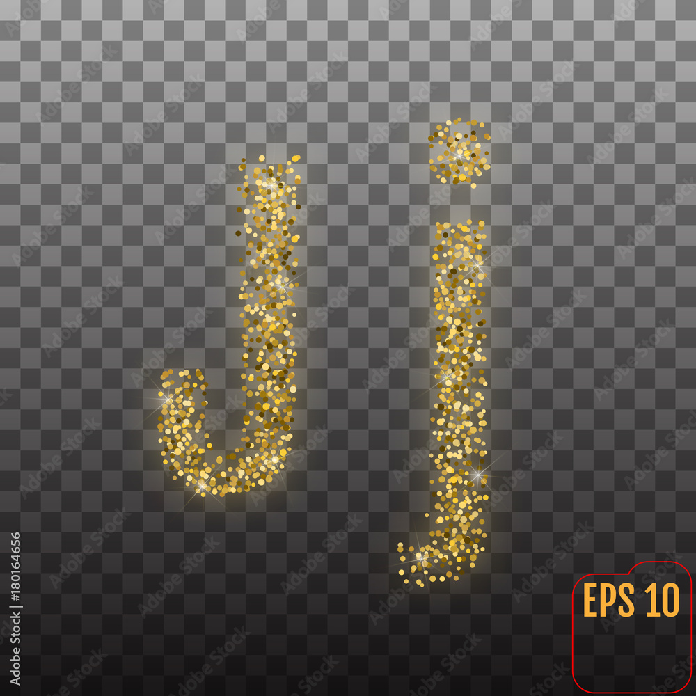 Vector Alphabet. Gold letter J on transparent background. Gold alphabet