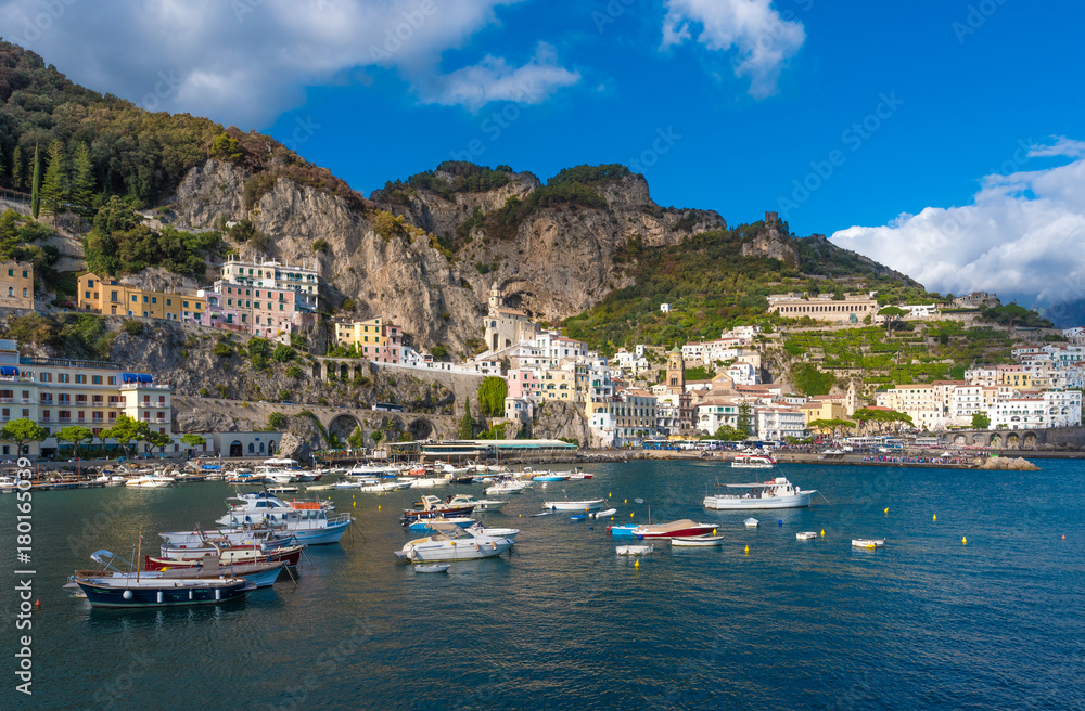 Amalfi, Italy - The awesome historic center of the touristic town in Campania region, Gulf of Salerno, southern Italy. This small town gives its name to the Amalfi Coast.