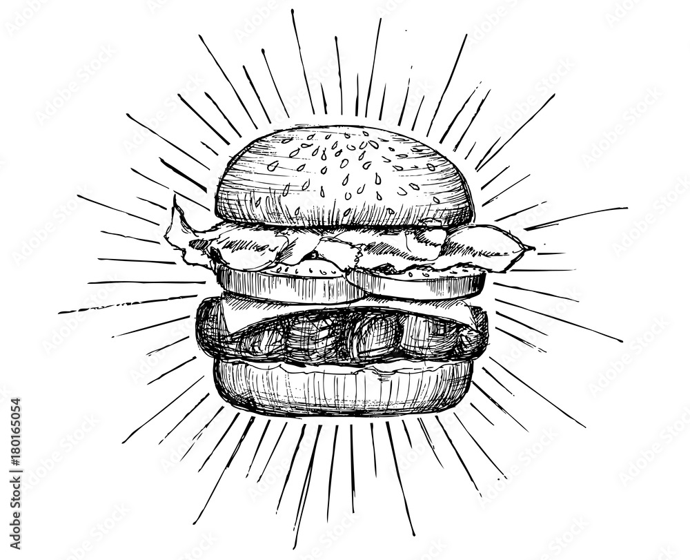 Vector vintage burger drawing. - obrazy, fototapety, plakaty 