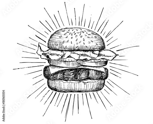 Vector vintage burger drawing. photo