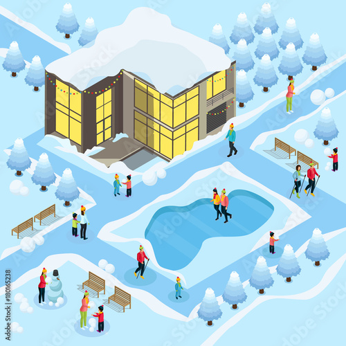 Isometric Family On Winter Holidays Template
