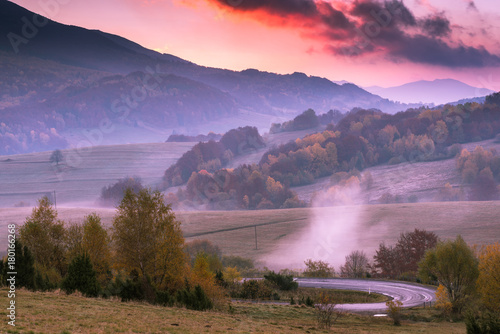 Fototapeta Naklejka Na Ścianę i Meble -  Sunset in Bieszczady Carpathian Mountains in Poland at autumn