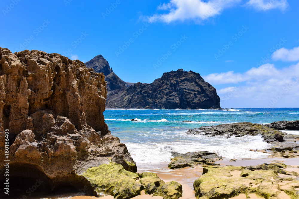 The beach on Ponta da Calheta with Ilheu da Cal on the horizon, Porto Santo Island The beach on Ponta da Calheta with Ilheu da Cal on the horizon, Porto Santo Island