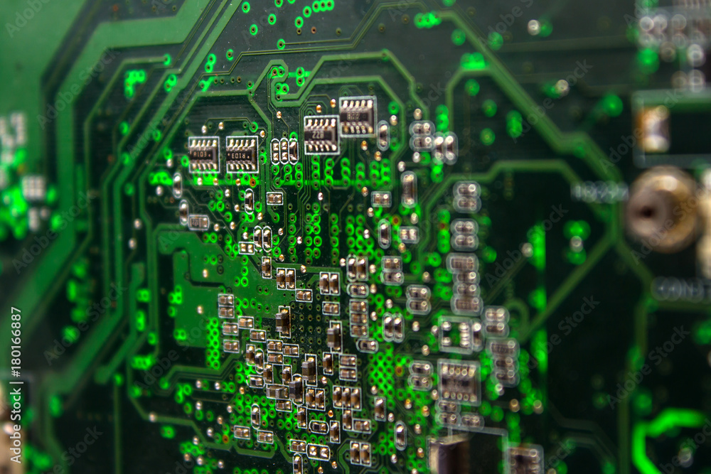Fototapeta premium Circuit board. Electronic computer hardware technology. Motherboard digital chip. Tech science background. Integrated communication processor. Information engineering component.