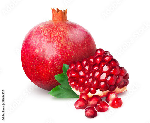 Pomegranate fruit with leaves isolated 